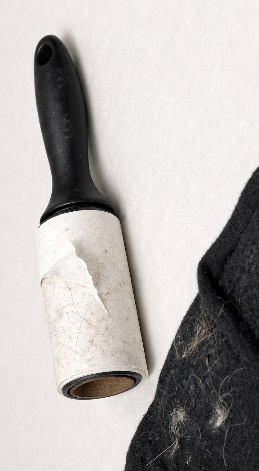 Lint roller with a roll of white paper on a gray background