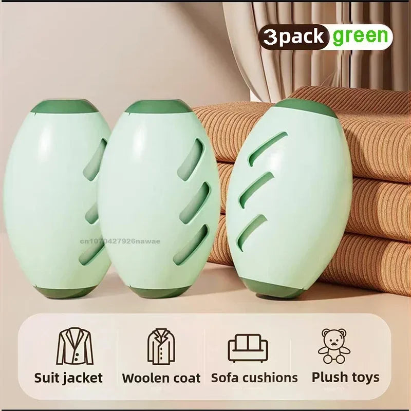 Three green garment sticky hair removal bottles on a beige surface with text indicating they are part of a 3-pack set.