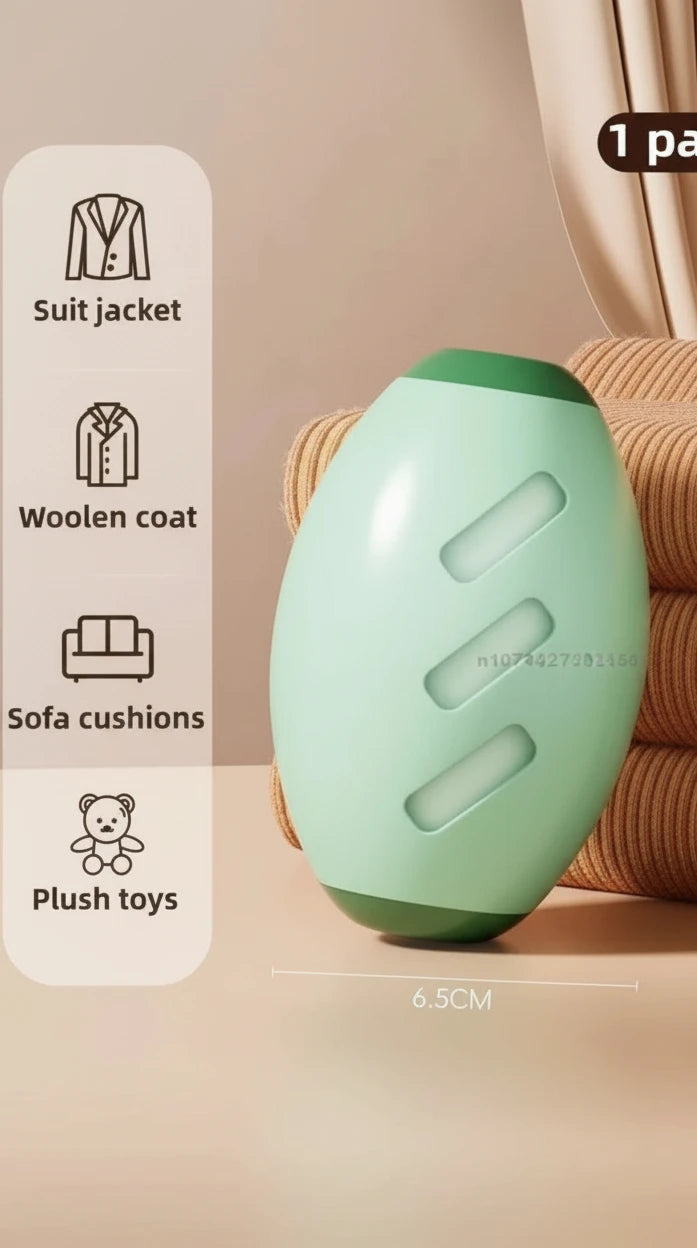 Green pet hair removal lint roller with text indicating its uses on clothes and furniture, against a beige background.