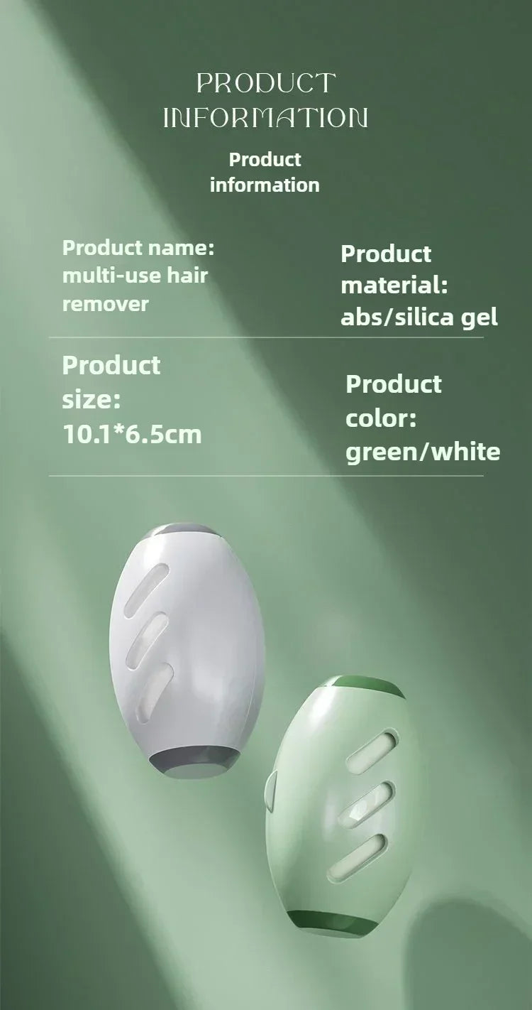 Two white and green hair removal devices on a green background with product information text.