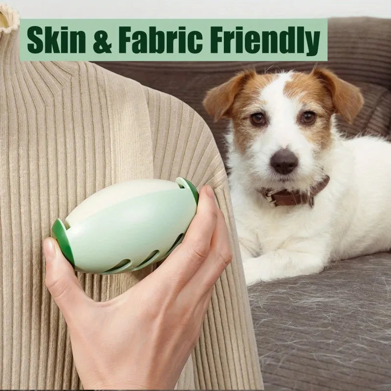 Hand holding a green sticky hair removal with a dog in the background, text 'Skin & Fabric Friendly' at the top.